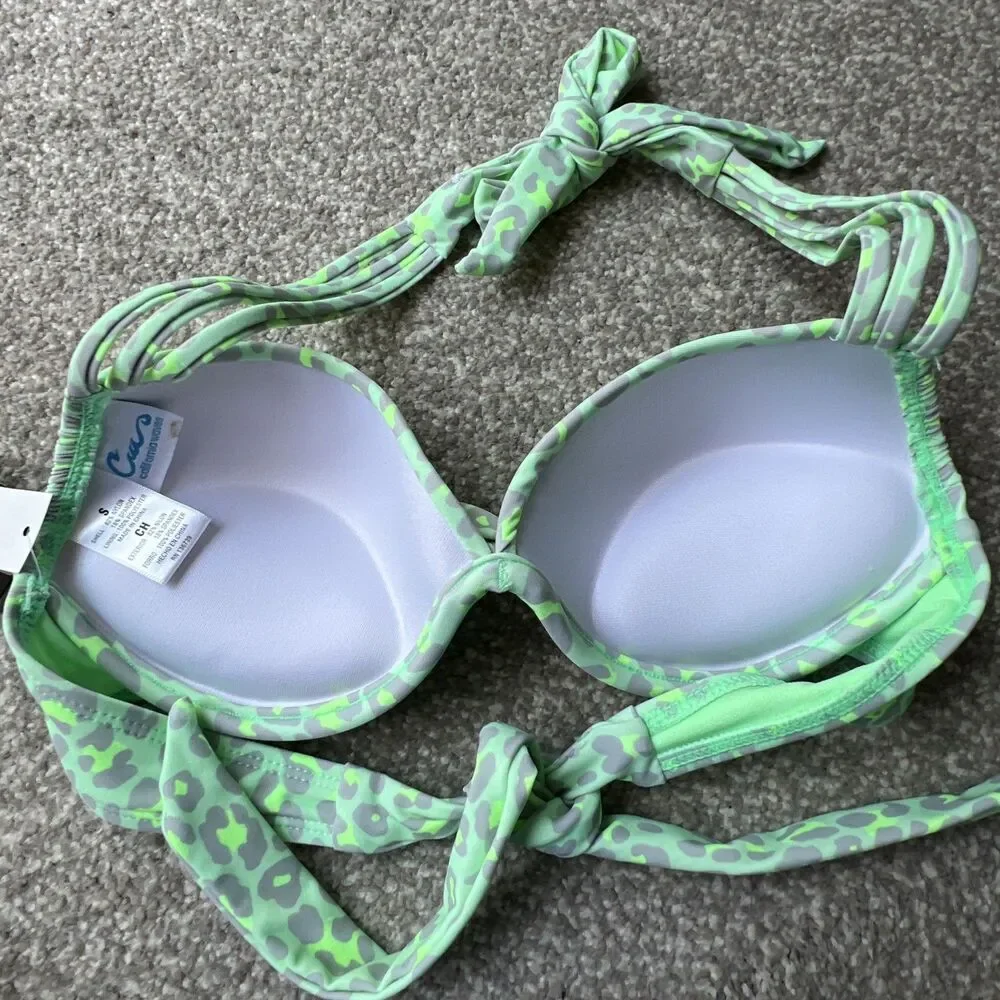 NWT California Waves bikini Juniors' Neon Push-Up Top‎ Green Animal Sz S Small